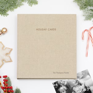 PERSONALIZED Holiday Card Album with Natural Linen Cover | Price Includes Custom Gold Foil Embossing | Holds up to 100 Cards | 1" Rings