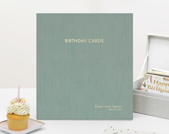 Personalized Birthday Card Binder with Robin's Egg Blue Silk Cover Gold Embossed Album Gift