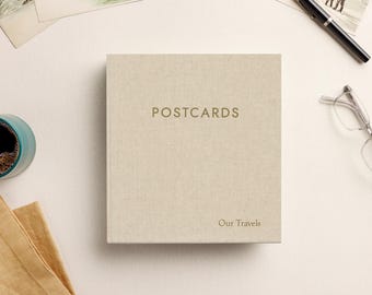 Medium Postcard Album with Natural Linen Cover | 2 Postcards Per Clear Sleeve | Holds 4x6 Postcards | Shows Both Front and Back of Cards