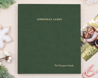 PERSONALIZED Christmas Card Album with Pine Vegan Leather Cover | Includes Custom Gold Foil Embossing | Holds up to 100 Cards | 1" Rings