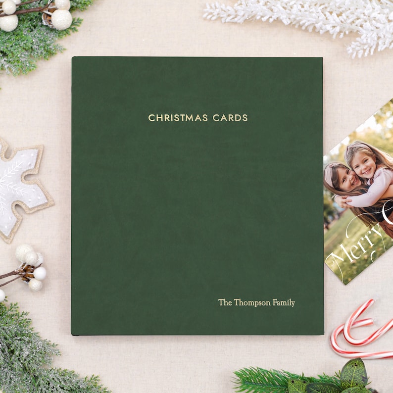 PERSONALIZED Christmas Card Album with Pine Vegan Leather Cover | Includes Custom Gold Foil Embossing | Holds up to 100 Cards | 1 Rings