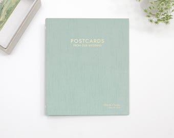 Personalized Postcards From Our Wedding Guestbook with Robin's Egg Blue Silk 5x7 Sleeves Custom Embossed Album Keepsake Heirloom Couple Gift