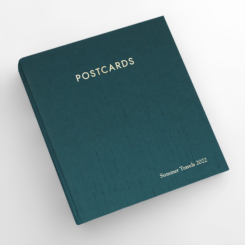 Large Postcard Album with Teal Silk Cover 2 Postcards Per Clear Sleeve Holds 5x7 Postcards Shows Both Front and Back of Cards image 1