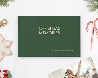 Christmas Memories Album | Personalized | Pine Green Vegan Leather | Holds 50 Photos & Cards