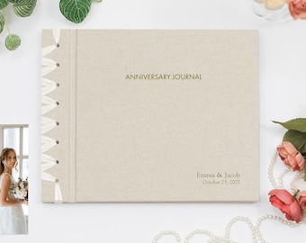 Anniversary Journal Natural Linen Personalized Gold Embossed First Paper Anniversary Gift Wedding Couple Engagement Bridal Shower Gift