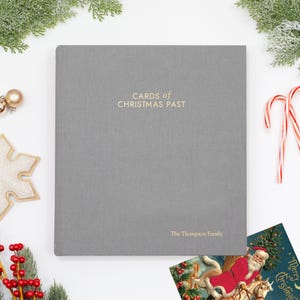 PERSONALIZED Cards of Christmas Past Album | Silver Silk Cover | Includes your Custom Gold Foil Embossing | Up to 100 Cards | 1&quot; Ring