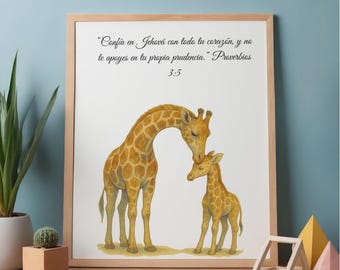 Mom and baby Giraffe, versículos en español, Nursery Wall art