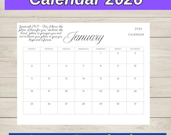 2026 Bible Verse Calendar Printable, Sunday Start (Digital Download)