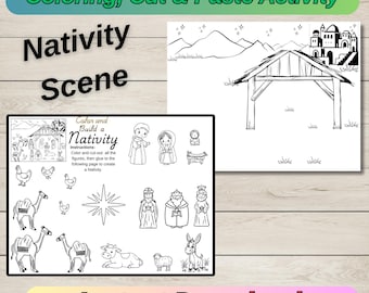 Nativity Cut & Paste Craft, Build Xmas Jesus Story Coloring Scene, Stable Printable Artwork Activity