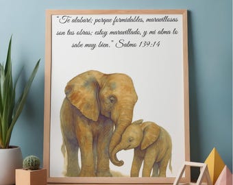 Mom and baby elephant, versículos en español, Nursery Wall art
