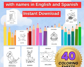 Animal Coloring Pages for Kids, English & Spanish (PDF)