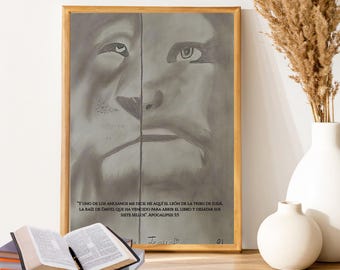 Arte Cristiano León de Judá y Jesús – Dibujo a Lápiz – Lámina Imprimible en Español – Decoración Cristiana Digital