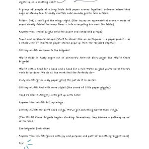 May include: A handwritten page with text about a crafting cafe and paper cranes. The text describes a group folding cranes, with phrases like "Misfit Crane Brigade" and "paperquake." The page ends with "FIN" and a small illustration.