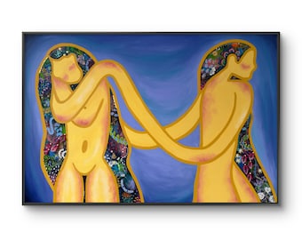 Hold me, lassen Sie mich - 59 x 40 Zoll moderne abstrakte weibliche Kunst - Ölfarbe - strukturierte Mixed Media Leinwand - Statement Wandkunst