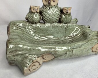 VTG Owl & Baby Owls On A Log Ceramic Dish: Trinket,  Keys, Bird Feeder, Waterer