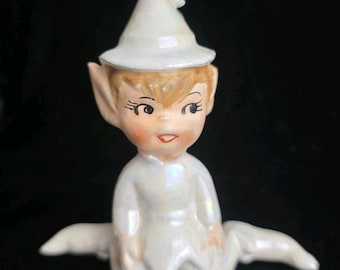 Lefton Pixie Elf White Iridescent Pearl Vintage Fairy Figurine 1950's Japan