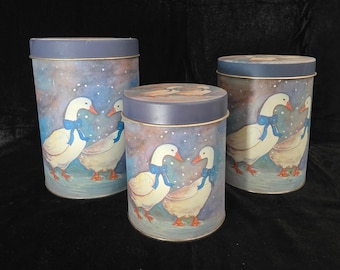 VTG Nesting Goose Tin Canister Set 3 Blue Bow Aunt Rhody Style Country Cottage
