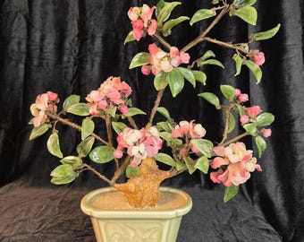 VTG Chinese Peking Glass Bonsai Tree Pink Cherry Blossom Celadon Crane 13"×12"