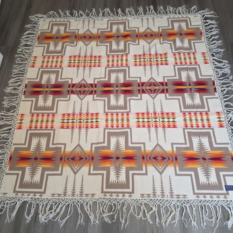 Beaver State Pendleton Harding Wool Blanket USA 68" X 68" Shawl Reversible EUC image 1