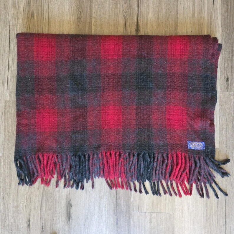 VTG Pendleton Wool Stadium Blanket Tartan Plaid Red Black 48x60 + Fringe 30s-50s image 7