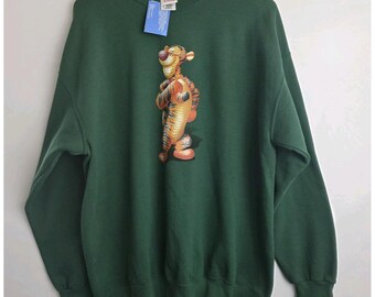 Sudadera vintage nueva con etiquetas de Disney Store, talla XL, verde, con estampado de Tigger, cuello redondo, de felpa, años 90.