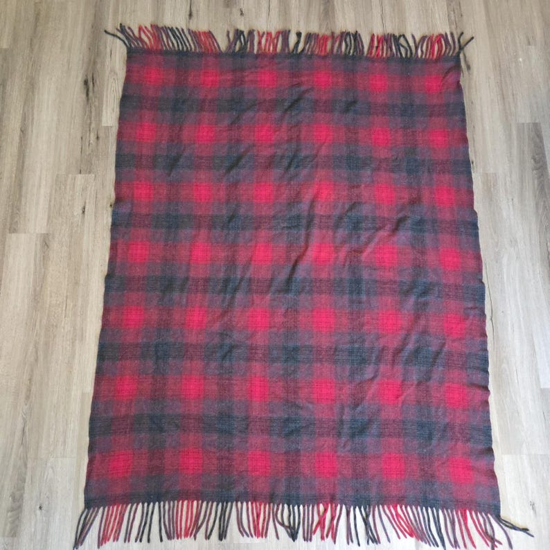VTG Pendleton Wool Stadium Blanket Tartan Plaid Red Black 48x60 + Fringe 30s-50s image 2