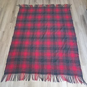 VTG Pendleton Wool Stadium Blanket Tartan Plaid Red Black 48x60 + Fringe 30s-50s image 3