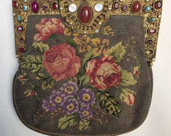 Antique Purse Gilt JEWELED Frame PETIT POINT Hand Embroidery Roses Flowers