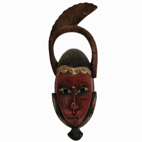 African Mask Baule Tribe Red Face Mask. Tribal Wood Wall Art. 18" Tall