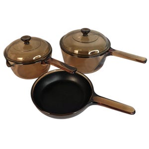 VTG Visions Amber Glass Cookware Set 5pc 1L 1.5L Saucepans, 7in Skillet, 2 Lids