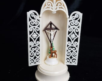 VTG West Germany Religious Diorama Triptych Jesus Crucifix Deer Christmas Tree