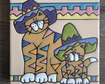 Vtg Earthtones Southwestern Sombrero Cats Amigos 6 x 6 pulgadas Tile Decor USA