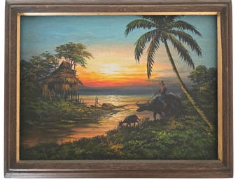 Cuadro al óleo vintage de mediados de siglo, atardecer tropical, cabaña, búfalo de agua, enmarcado, 14x11