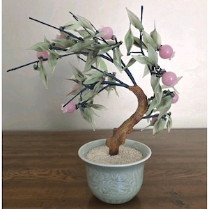 VTG Asian Jade or Jadeite Leaves & Pink Glass Peach Bonsai Tree 11" Celadon Pot