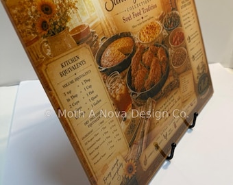 Tabla de cortar de vidrio Sunday Supper Soul Food, 15 × 11 pulgadas Guía de conversión de cocina