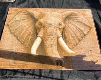 Tabla de cortar de vidrio, diseño de elefante africano con aspecto de madera sublimado, decoración de cocina.