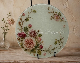 Tabla de cortar de vidrio Rose Garden, bandeja redonda floral de 30 cm, decoración botánica para la cocina.