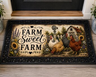 Felpudo "Farm Sweet Farm" / Felpudo de bienvenida para amantes de las gallinas / Decoración para el porche de una casa de campo / Felpudo rústico campestre / Juego completo de felpudos