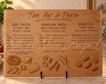 Guía para pasta casera: tabla de cortar de vidrio, recetas de pasta al huevo, sémola y ñoquis, decoración de cocina italiana, regalo para amantes de la pasta