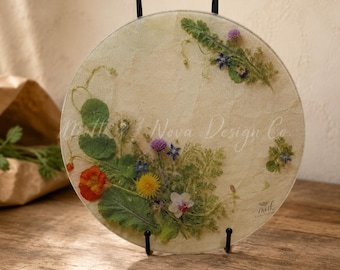 Tabla de cortar de vidrio Garden Medley, arte botánico para la cocina, tabla redonda para servir, decoración rústica de 30 cm (12 pulgadas)