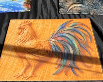 Tabla de cortar de vidrio, diseño de gallo sublimado, decoración de cocina colorida con aspecto de madera.
