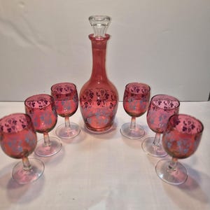 Vintage Cranberry Glass Wine Set | Etched Grapevine Decanter & 6 Goblets | Ruby Red Bohemian Glassware | Bar Cart Decor | Set of 7