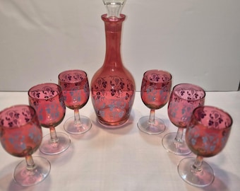 Vintage Cranberry Glass Wine Set | Etched Grapevine Decanter & 6 Goblets | Ruby Red Bohemian Glassware | Bar Cart Decor | Set of 7
