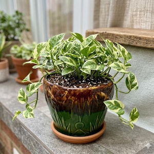 Vintage Robinson Ransbottom "Sun and Moon" Planter–6" Mid-Century Majolica Style Jardinière; Brown- Green Drip Glaze –RRP Co. Roseville Ohio