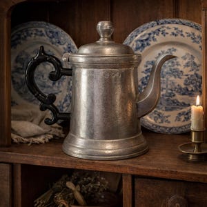May include: A vintage pewter coffee pot with a black handle and lid. The pot is displayed on a wooden shelf with blue and white decorative plates in the background. A lit candle sits nearby, adding a warm glow to the scene.