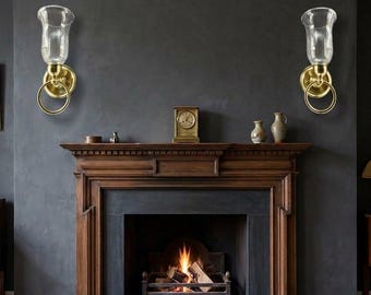 Vintage Brass Hurricane Candle Wall Sconces Pair Flared Glass Shades