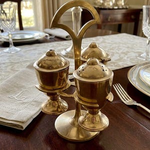 Vintage Brass Condiment Caddy & Cruet Set