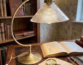 Vintage Heyco Brass Loop Arm Lamp with Holophane Shade