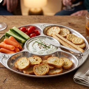May include: A silver serving platter with multiple compartments filled with snacks. Includes baby carrots, cucumber slices, cherry tomatoes, crackers, bread rounds, and a dip with a small knife. A glass of wine and a cocktail are also present.