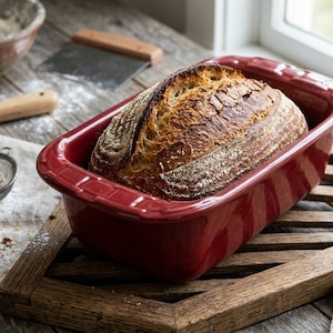 May include: A freshly baked loaf of bread in a deep red rectangular ceramic baking dish. The bread has a golden-brown crust and is resting on a wooden cutting board. Baking tools and flour are in the background.